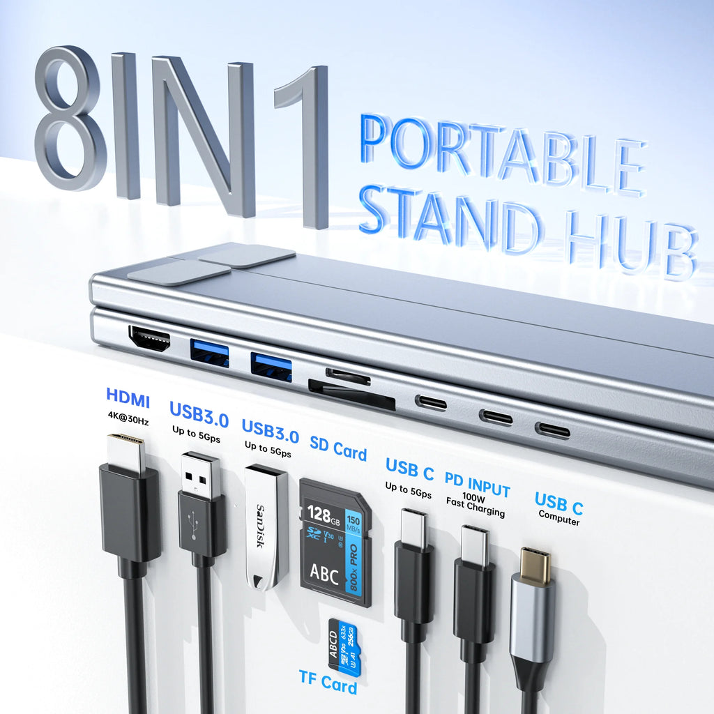 8-in-1 USB-C Laptop Stand with Docking Station – Foldable