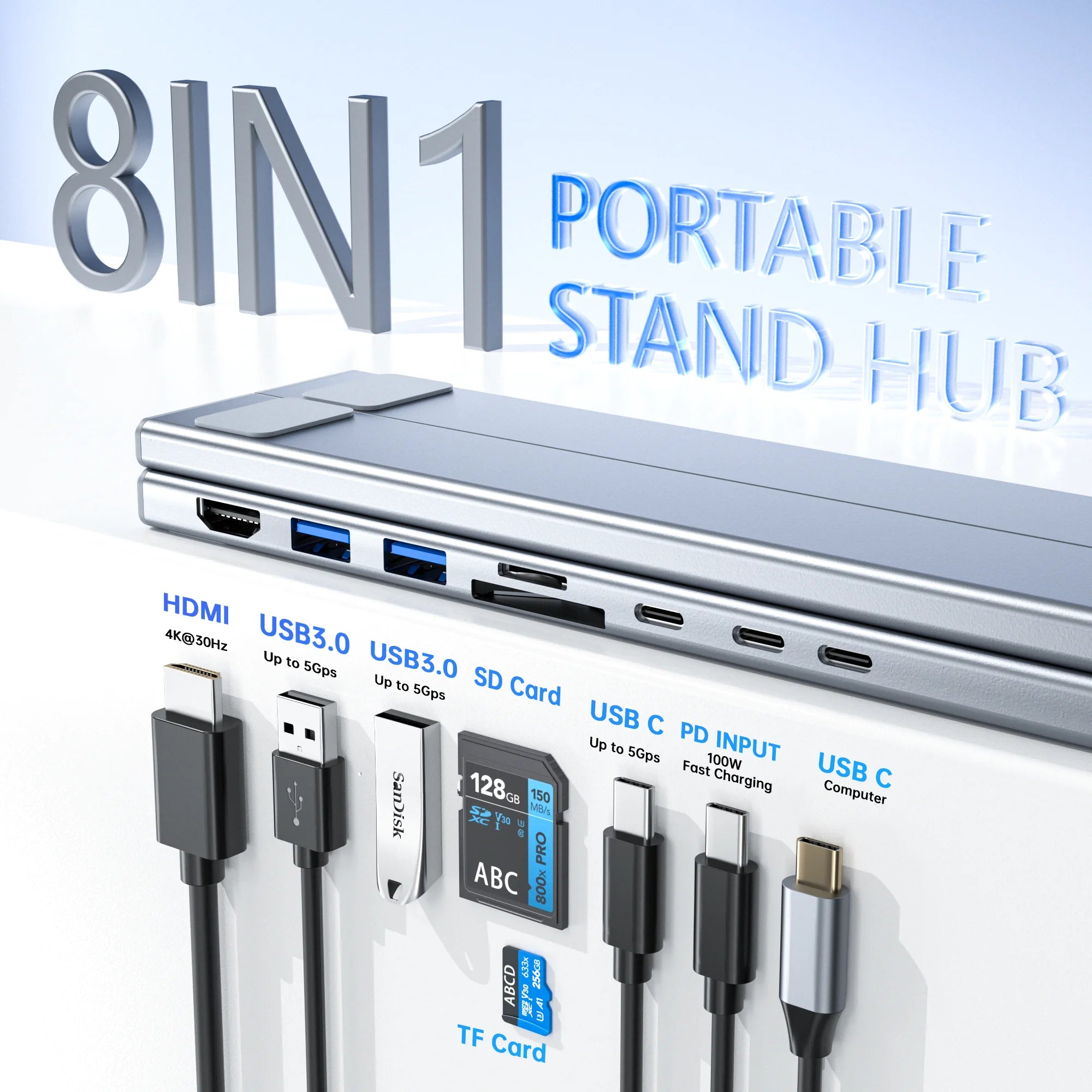 8-in-1 USB-C Laptop Stand with Docking Station – Foldable