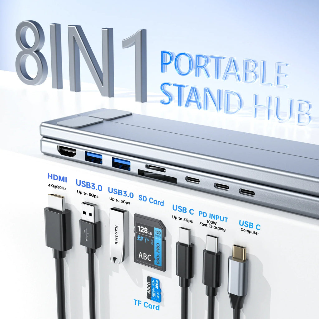 8-in-1 USB-C laptop stand with docking station front view