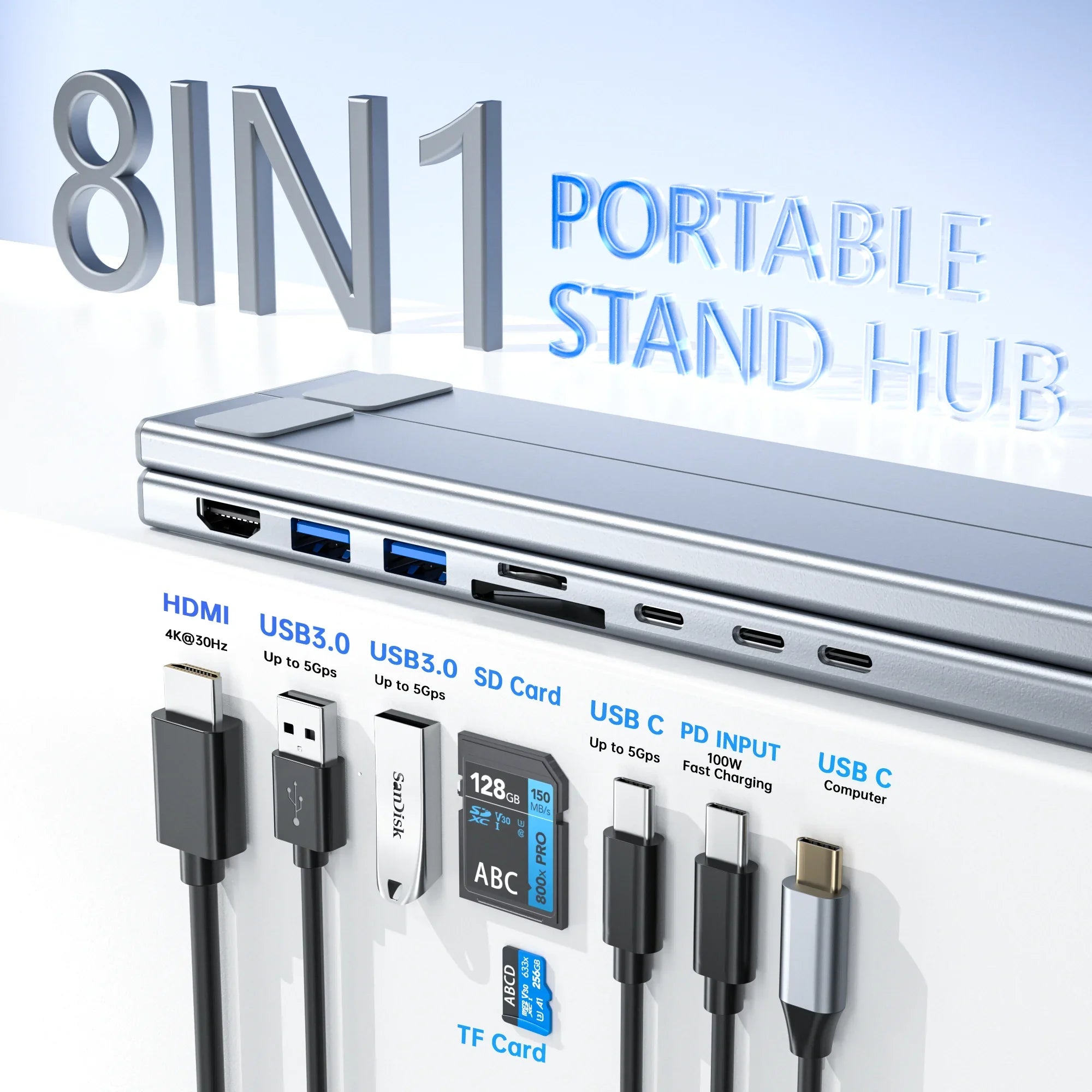 8-in-1 USB-C Laptop Stand with Docking Station – Foldable