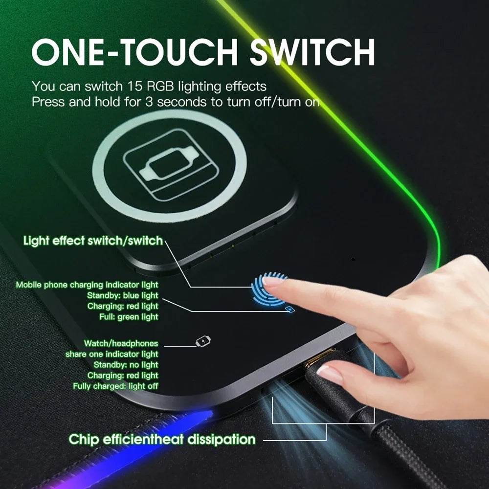 3-in-1 Wireless Charging Mouse Pad XL – RGB, 15W, 80x30cm