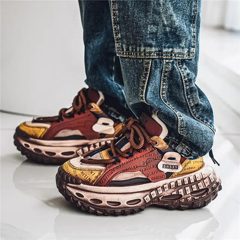 Men’s Platform Chunky Sneakers – Lace-Up, Waterproof PU, Thick Rubber Sole