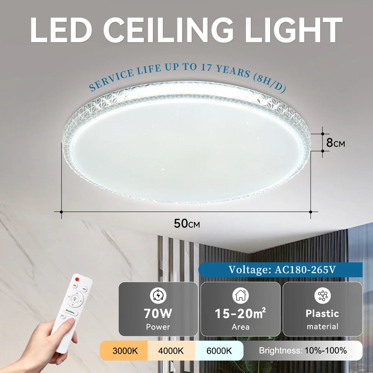 Smart LED Ceiling Light – 3 Colors, Dimmable, Remote Control