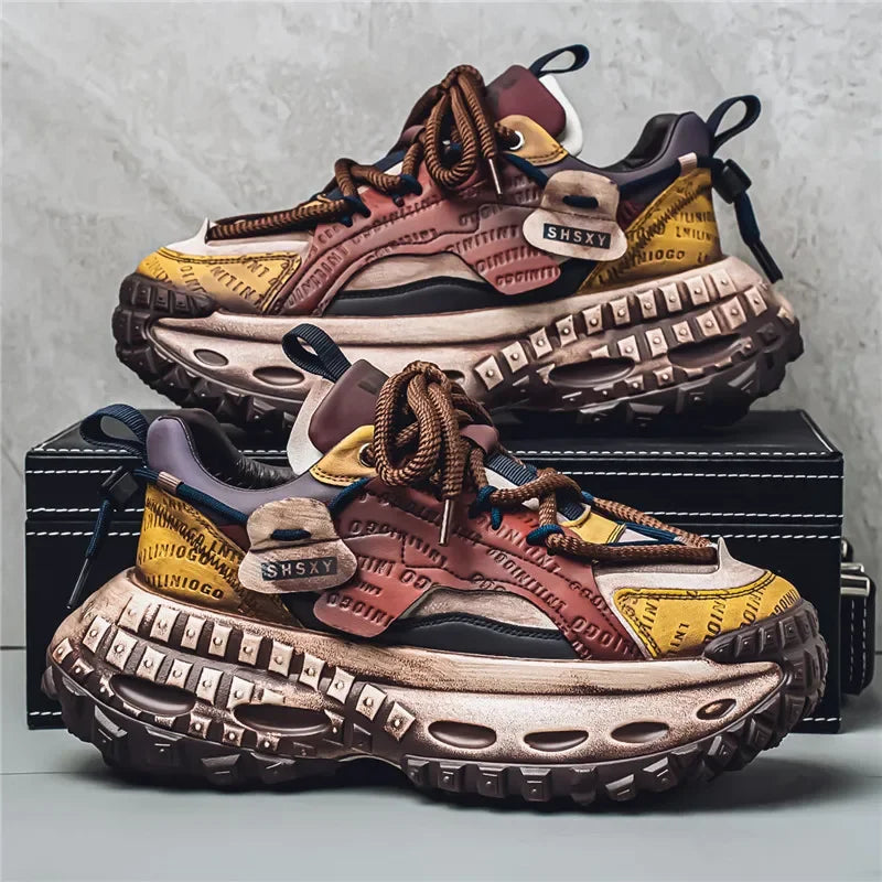 Men’s Platform Chunky Sneakers – Lace-Up, Waterproof PU, Thick Rubber Sole