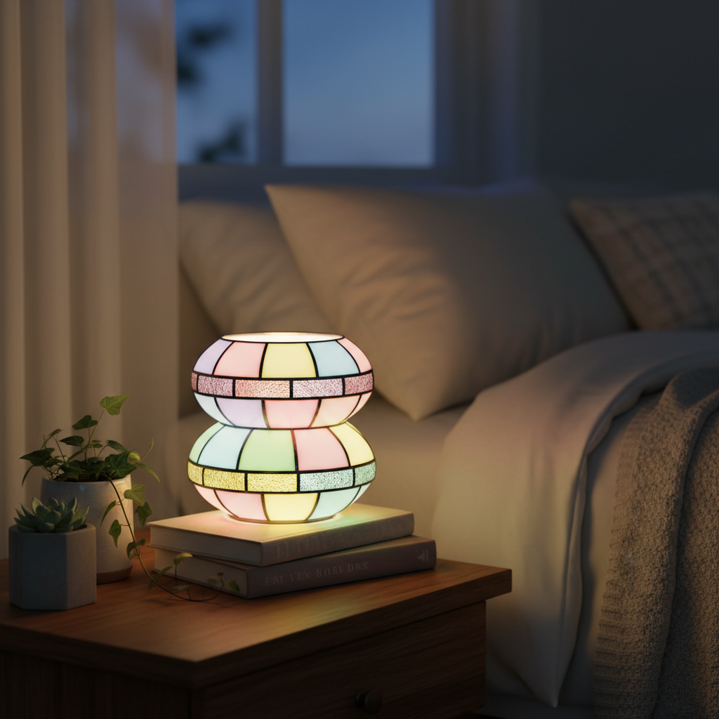 Macaron Stained Glass Table Lamp – Handmade, E27 Bulb, Trichromatic Dimming, Bedroom Decor