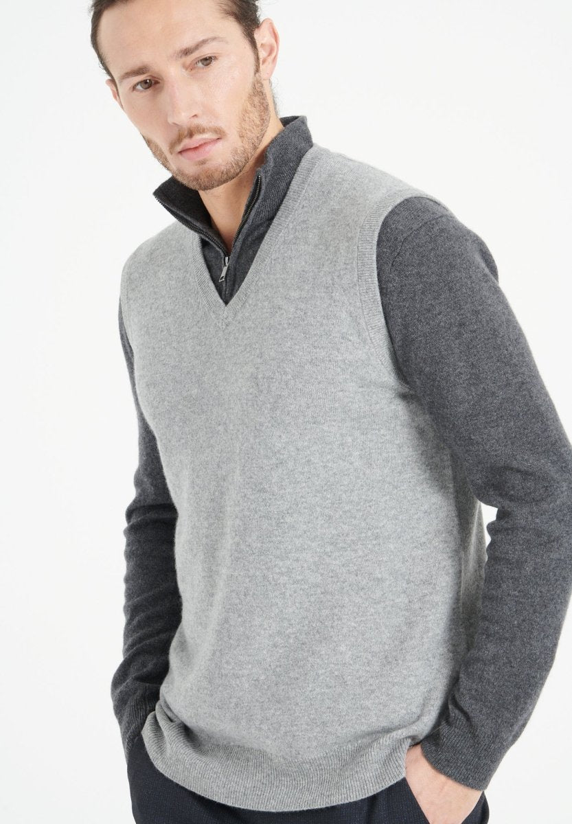 Gilet col V sans manches homme en cachemire gris clair - LUKE 9-2